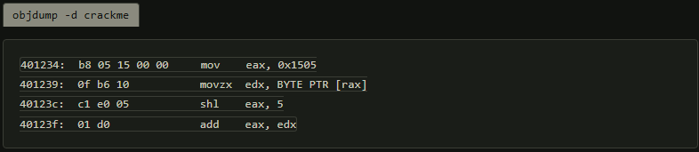 Dark-mode screenshot of the objdump -d crackme disassembly listing